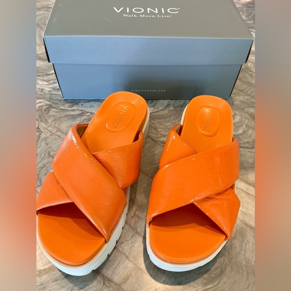 Vionic Vesta Women's Slide Comfort Sandals Orange Marigold Patent Leather Size 8 - Picture 10 of 12